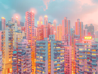 Obraz premium a vibrant cityscape with a multitude of tall buildings in HongKong, predominantly in shades of orange and pink.