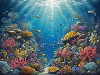 An intricate illustration of an underwater ecosystem, showcasing marine life, coral reefs, and aquatic plants in a vibrant ocean setting.