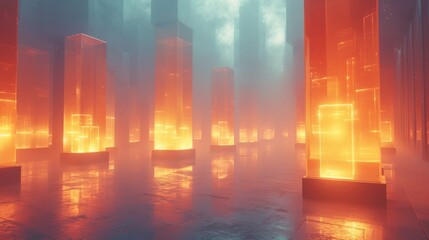 An Image of a Foggy Room With Glowing Orange and Yellow Lights in It - Generative AI