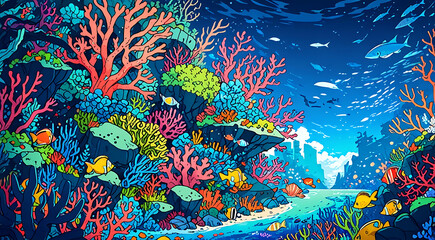 An intricate illustration of an underwater ecosystem, showcasing marine life, coral reefs, and aquatic plants in a vibrant ocean setting.