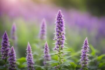 Obraz premium Anise hyssop field bokeh background, AI Generated