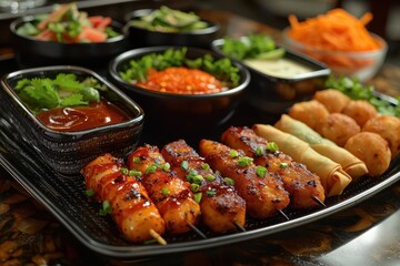 Fototapeta premium Exquisite Thai Appetizer Platter with Chicken Satay, Spring Rolls, and Shrimp Cakes in a Stunning Presentation