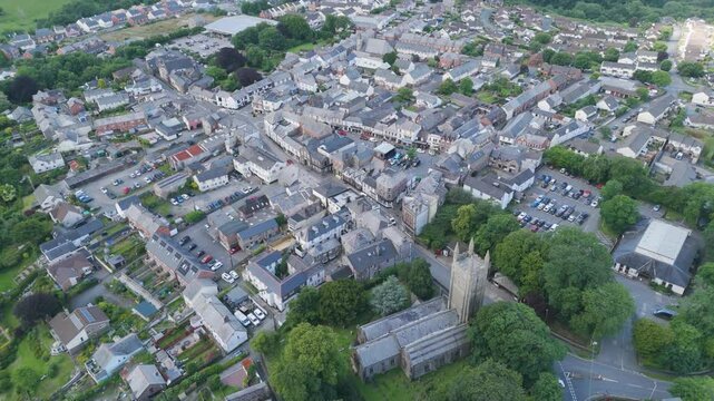 Aerial view capturing the historic charm of Holsworthy town centre with its mix of old and new buildings, Devon, United Kingdom