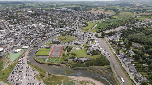 Drone orbital view of Bude town and its surroundings, Cornwall