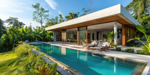Fototapeta premium A minimalist modern villa surrounded by a lush garden and featuring a stylish pool, with clean lines and open spaces.