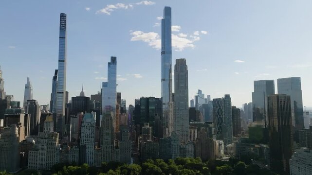 AERIAL: Supertall skyscrapers of Billionaires' Row, summer day in New York, USA
