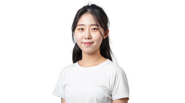 Half body portrait of a studious South Korean exchange student in her teens in a white T-shirt