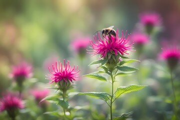 Bee balm flower bokeh background, AI Generated