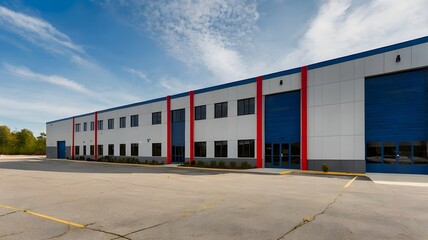 Exterior of a modern warehouse with a small office unit.
