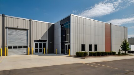 Exterior of a modern warehouse with a small office unit.