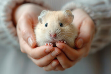 Hamster in the hands of a girl on a blurred background.