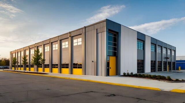 Exterior of a modern warehouse with a small office unit.