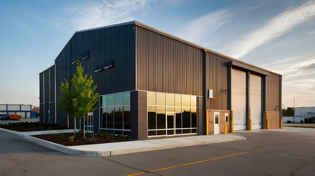 Exterior of a modern warehouse with a small office unit.