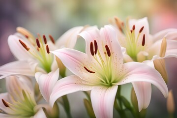 Fototapeta premium Belladonna lily flowers bokeh background, AI Generated