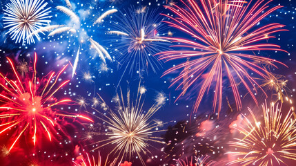 Naklejka premium American Holiday Fireworks – Vibrant Red, White, and Blue Night Sky Celebrations for Labor Day, Fourth of July, Memorial Day