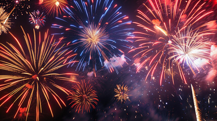 Naklejka premium American Holiday Fireworks – Vibrant Red, White, and Blue Night Sky Celebrations for Labor Day, Fourth of July, Memorial Day