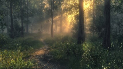 Fototapeta premium A Path Through a Forest Is Lit by the Sun Shining Through the Trees and Bushes - Generative AI