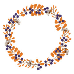 Vector autumn wreath with orange leaves and ripe berries. Floral print for greeting cards, covers and invitations. Autumn wreath from the herbarium.