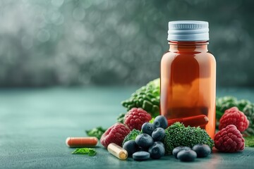 Balanced diet setup with healing superfoods, longevity supplements, and vigorpromoting drinks, highlighting nutritional wellness