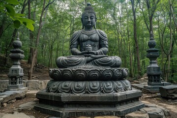 Serene Pala Buddha Statue Teaching on Lotus Throne in Forest Setting.