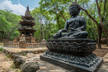 Obraz premium Serene Pala Buddha Statue on Lotus Throne Amidst Forest Sanctuary - Tranquil Meditation and Spiritual Enlightenment in Nature