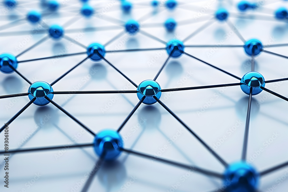 Poster a blue and black network of spheres. the spheres are connected by lines. concept of complexity and i
