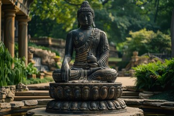 Serene Gandhara Buddha Inspired by Hellenistic Art Meditating in Lush Garden Setting