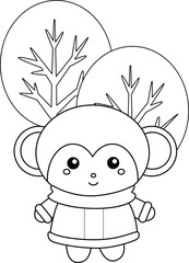 Cute Monkey Winter Animal Christmas Holiday Cartoon Coloring Activity for Kids and Adult