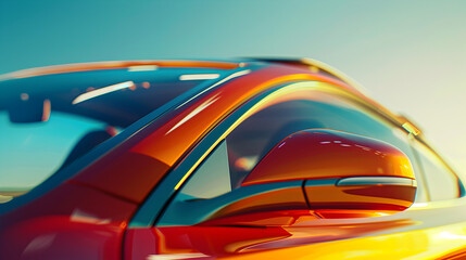A red car with a shiny, reflective surface. The car is parked in a parking lot. The sun is shining brightly, creating a warm and inviting atmosphere