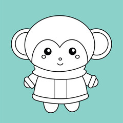 Cute Monkey Winter Animal Christmas Holiday Season Cartoon Digital Stamp Outline