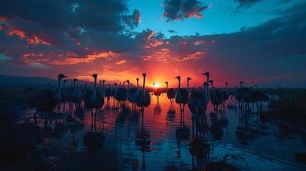 A Group of Birds Are Standing In the Water at Sunset With the Sun Behind Them - Generative AI