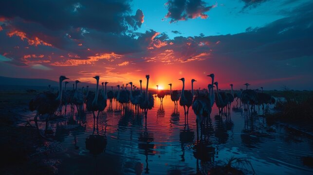 A Group of Birds Are Standing In the Water at Sunset With the Sun Behind Them - Generative AI