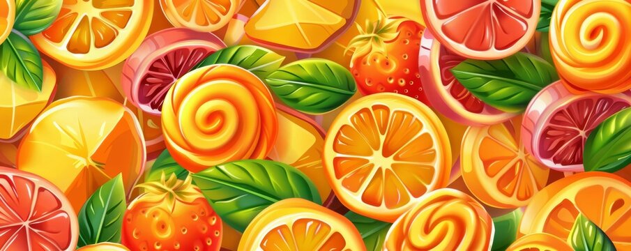 Vibrant pattern of citrus fruits, berries, and swirls creating a fresh and colorful backdrop perfect for summer themes and healthy living concepts.