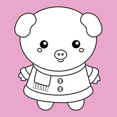 Cute Pig Winter Animal Christmas Holiday Season Cartoon Digital Stamp Outline