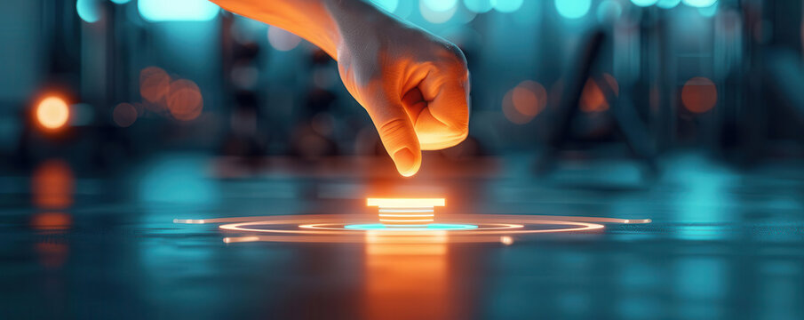 Augmented reality fitness trainer, hightech gym, digital workout interface, sleek design