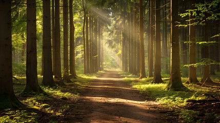 A forest path with sunlight shining through the trees. The path is surrounded by trees and the sunlight is creating a warm and inviting atmosphere