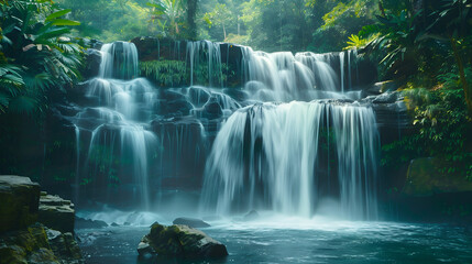 Obraz premium A waterfall is flowing into a river. The water is clear and the rocks are scattered around the area. The scene is peaceful and serene