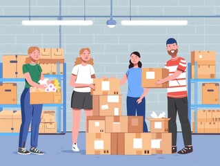 Donation center, volunteers organizing items, flat design illustration