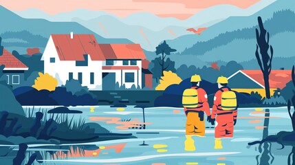 Natural disaster simulation, volunteer training, flat design illustration