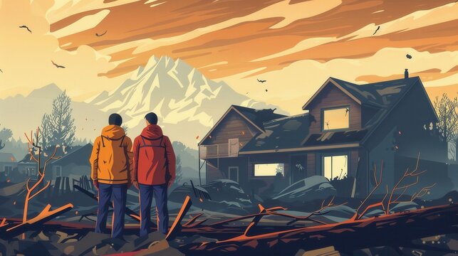 Natural disaster simulation, volunteer training, flat design illustration