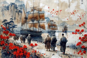 Opium Trade Routes: Historical Illustration of Ships and Caravans Transporting Opium Poppies