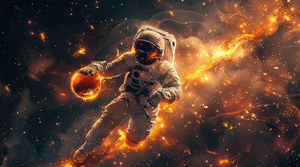 A man in a spacesuit is playing basketball in space.