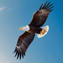 Obraz premium Majestic bald eagle soaring through a clear blue sky