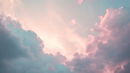 The sky is filled with pink clouds, creating a serene and peaceful atmosphere. The clouds are scattered throughout the sky, with some closer to the ground and others higher up
