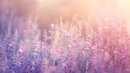 Fototapeta premium A field of lavender flowers with a soft pink hue. The flowers are scattered throughout the field, with some in the foreground and others in the background
