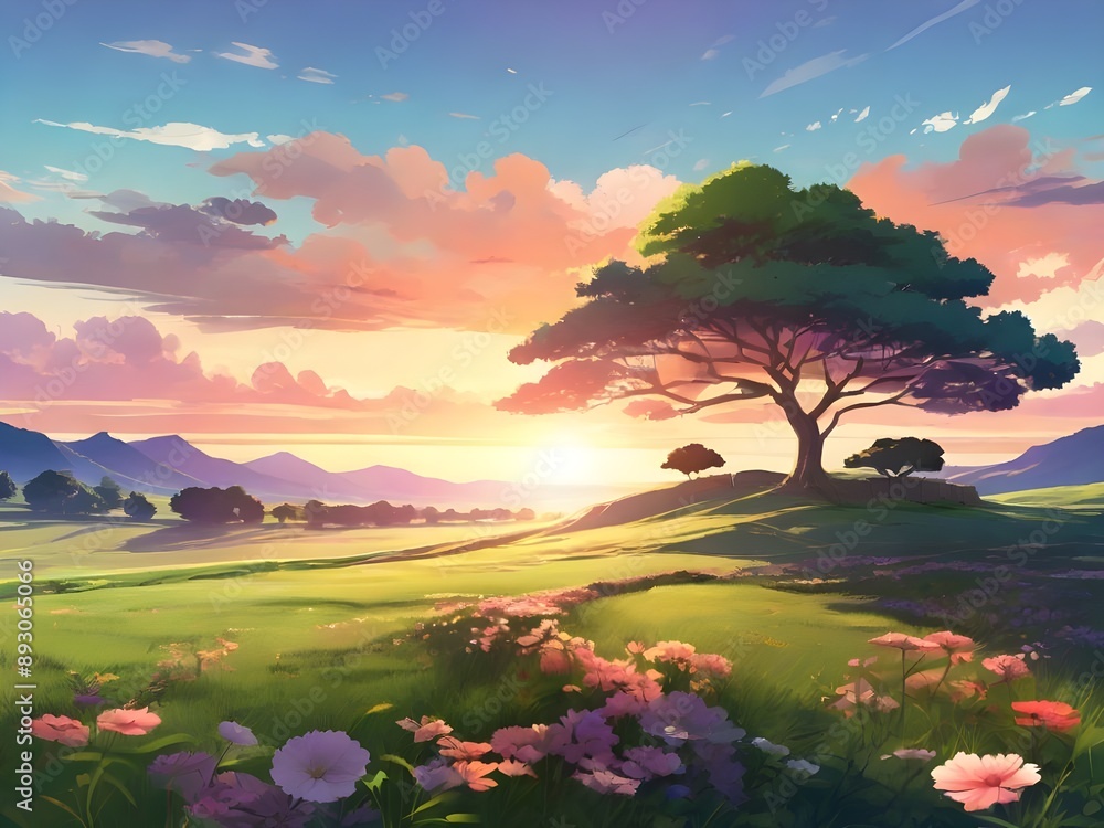 Wall mural highly detailed, high-resolution image of an anime landscape depicting a sunset over lush green mead