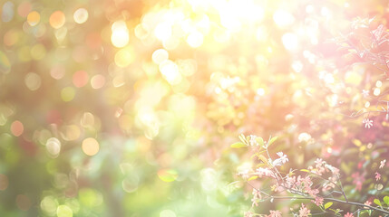 Obraz premium A blurry image of a tree with leaves and flowers. The image has a soft, dreamy quality to it, with the leaves and flowers appearing to be floating in the air