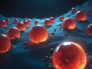 Naklejka premium A cinematic keyframe illustration of blood cells rushing into the veins, mesmerizingly rendered in a mix of vibrant reds, deep blues, and warm oranges Generative AI