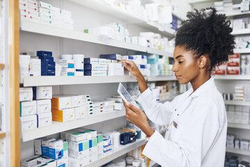 African woman, check or tablet with screen in pharmacy for stock inspection, report for medicine...