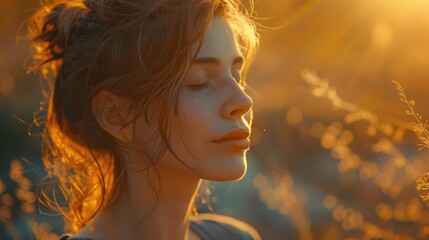 A woman with her eyes closed, standing in a field of grass, bathed in golden sunlight.  She appears serene and peaceful.